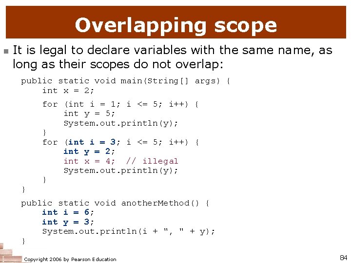 Overlapping scope n It is legal to declare variables with the same name, as