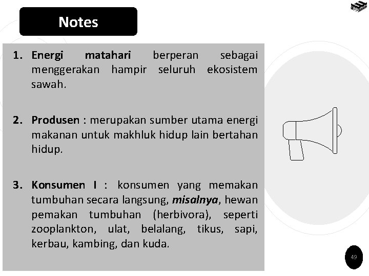 Notes 1. Energi matahari berperan sebagai menggerakan hampir seluruh ekosistem sawah. 2. Produsen :