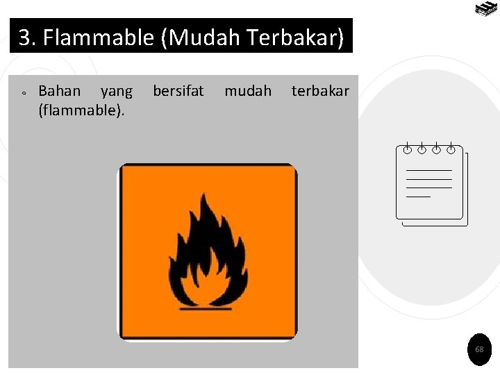 3. Flammable (Mudah Terbakar) ￮ Bahan yang bersifat mudah terbakar (flammable). 68 