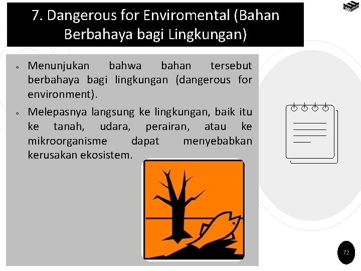 7. Dangerous for Enviromental (Bahan Berbahaya bagi Lingkungan) ￮ ￮ Menunjukan bahwa bahan tersebut