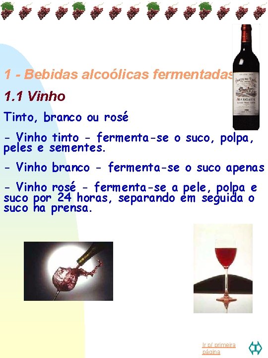 1 - Bebidas alcoólicas fermentadas 1. 1 Vinho Tinto, branco ou rosé - Vinho