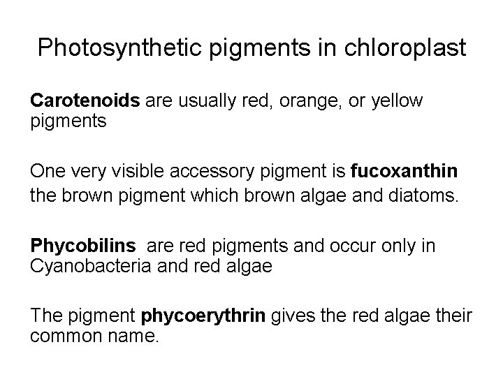 Photosynthetic pigments in chloroplast Carotenoids are usually red, orange, or yellow pigments One very