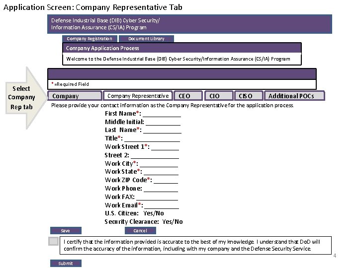 Application Screen: Company Representative Tab Defense Industrial Base (DIB) Cyber Security/ Information Assurance (CS/IA)