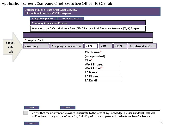 Application Screen: Company Chief Executive Officer (CEO) Tab Defense Industrial Base (DIB) Cyber Security/