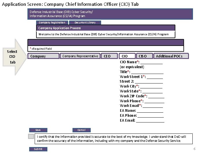 Application Screen: Company Chief Information Officer (CIO) Tab Defense Industrial Base (DIB) Cyber Security/