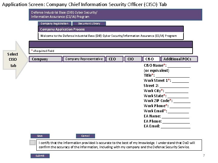 Application Screen: Company Chief Information Security Officer (CISO) Tab Defense Industrial Base (DIB) Cyber