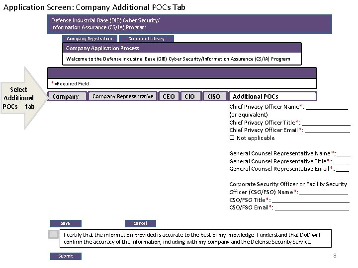 Application Screen: Company Additional POCs Tab Defense Industrial Base (DIB) Cyber Security/ Information Assurance