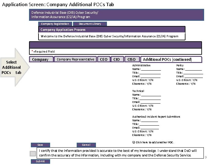 Application Screen: Company Additional POCs Tab Defense Industrial Base (DIB) Cyber Security/ Information Assurance