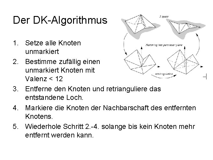 Der DK-Algorithmus 1. Setze alle Knoten unmarkiert 2. Bestimme zufällig einen unmarkiert Knoten mit