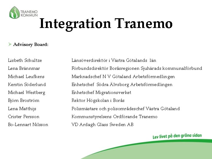 Integration Tranemo Ø Advisory Board: Lisbeth Schultze Länsöverdirektör i Västra Götalands län Lena Brännmar