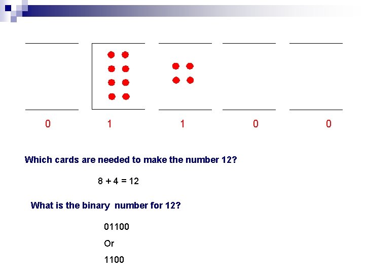 0 1 1 Which cards are needed to make the number 12? 8 +