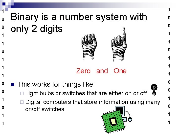 1 0 0 1 Binary is a number system with only 2 digits 1