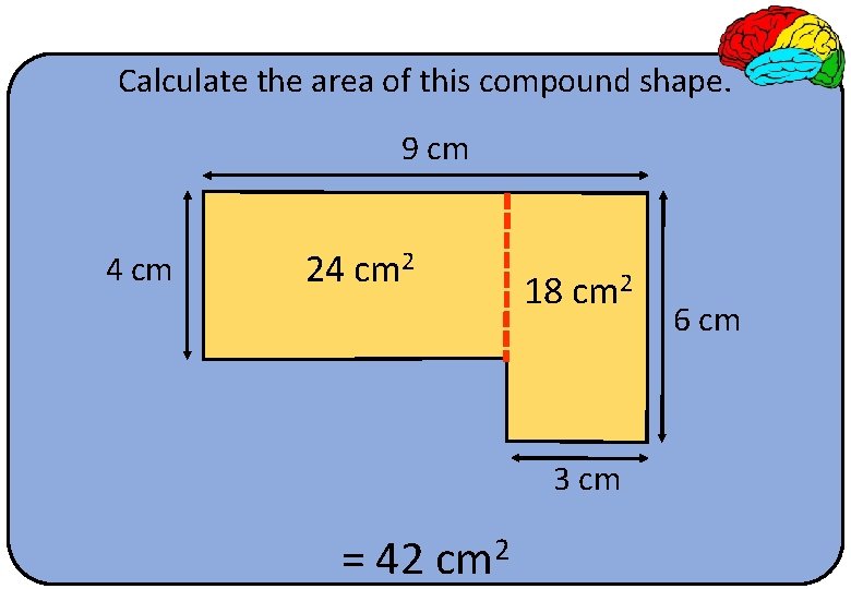 Calculate the area of this compound shape. 9 cm 4 cm 2 18 cm