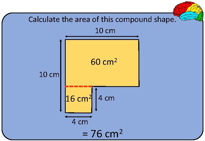 Calculate the area of this compound shape. 10 cm 60 cm 2 10 cm