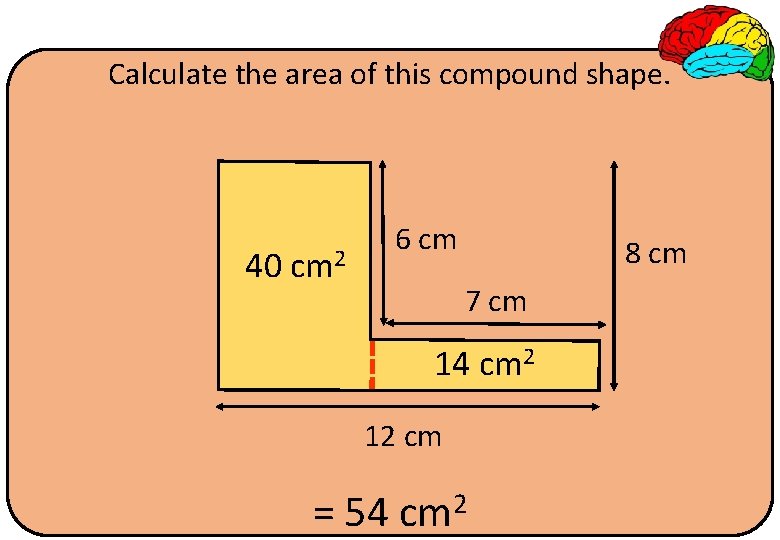 Calculate the area of this compound shape. 40 cm 2 6 cm 8 cm