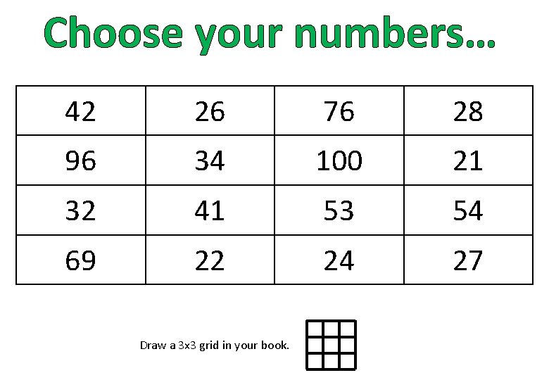 Choose your numbers… 42 26 76 28 96 34 100 21 32 41 53