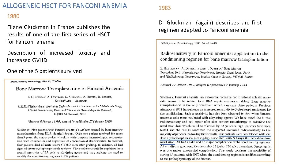 ALLOGENEIC HSCT FOR FANCONI ANEMIA 1980 Eliane Gluckman in France publishes the results of