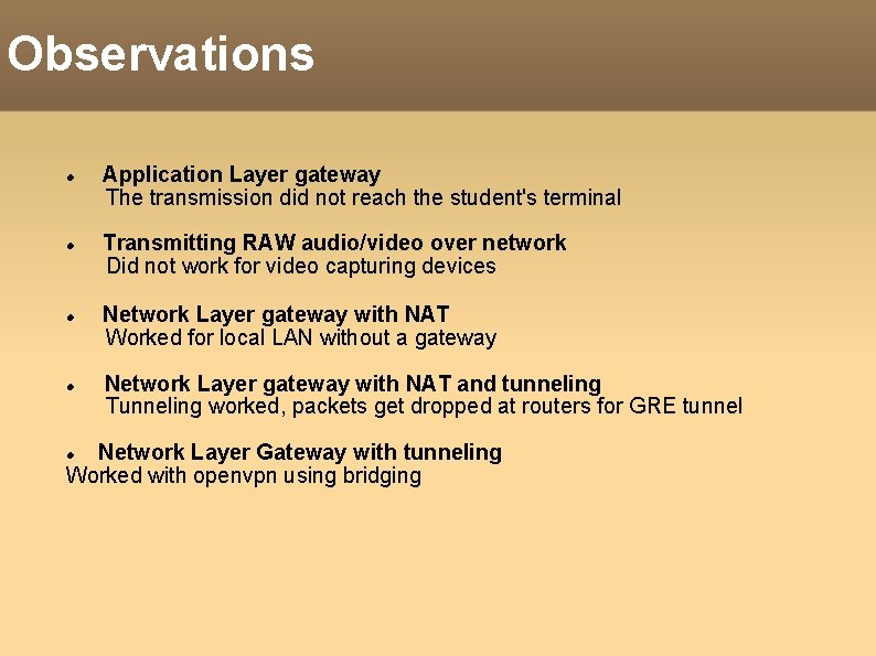 Observations Application Layer gateway The transmission did not reach the student's terminal Transmitting RAW