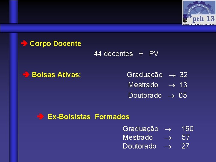  Corpo Docente 44 docentes + PV Bolsas Ativas: Graduação 32 Mestrado 13 Doutorado