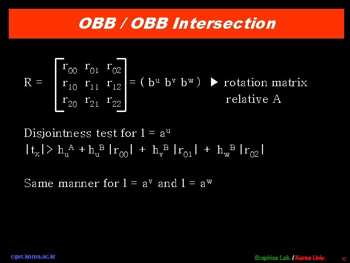 OBB / OBB Intersection R= r 00 r 01 r 02 r 10 r
