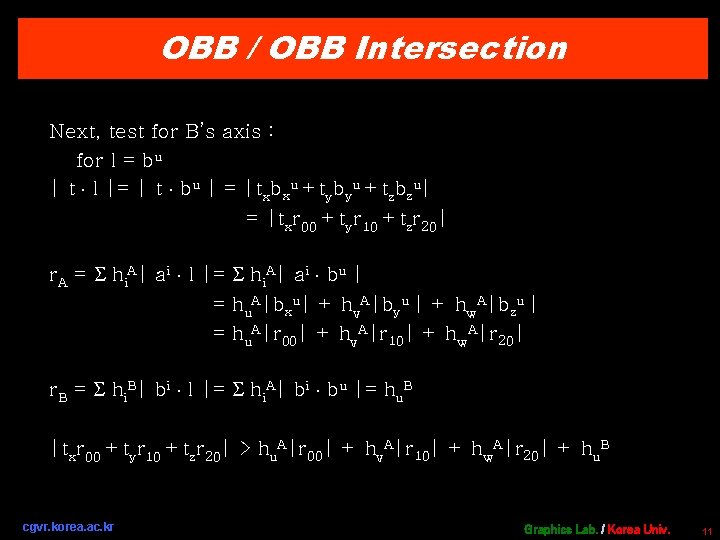 OBB / OBB Intersection Next, test for B’s axis : for l = bu
