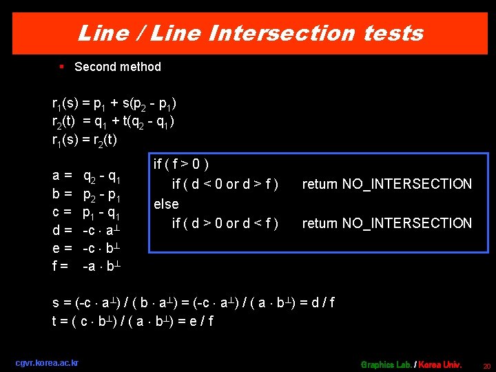 Line / Line Intersection tests § Second method r 1(s) = p 1 +