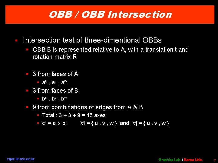 OBB / OBB Intersection § Intersection test of three-dimentional OBBs § OBB B is