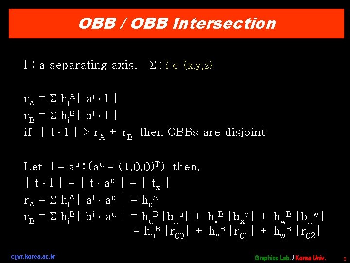 OBB / OBB Intersection l : a separating axis, : i {x, y, z}