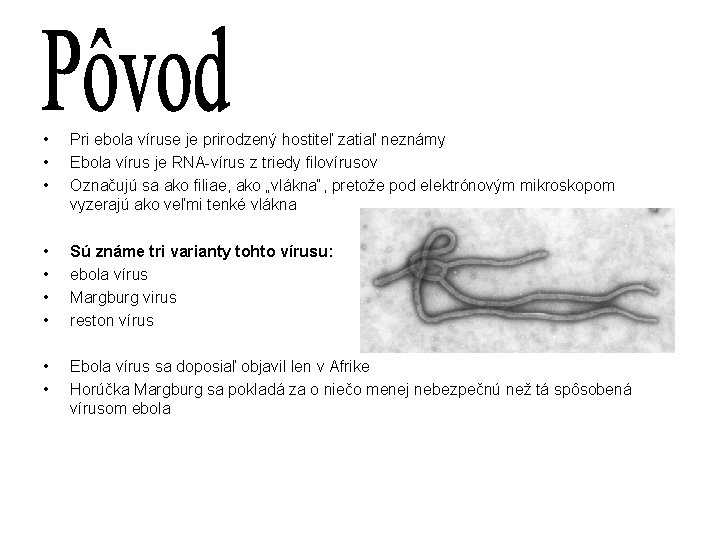  • • • Pri ebola víruse je prirodzený hostiteľ zatiaľ neznámy Ebola vírus
