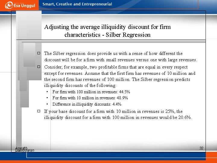 Adjusting the average illiquidity discount for firm characteristics - Silber Regression � The Silber