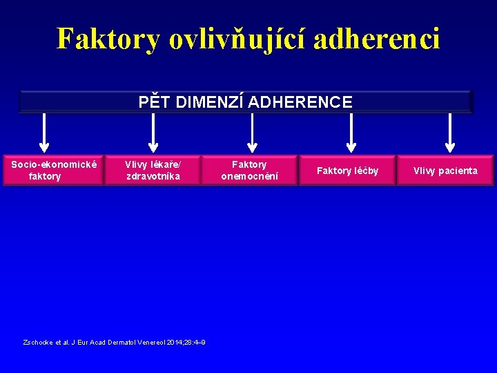 Faktory ovlivňující adherenci PĚT DIMENZÍ ADHERENCE Socio-ekonomické faktory Vlivy lékaře/ zdravotníka Zschocke et al.