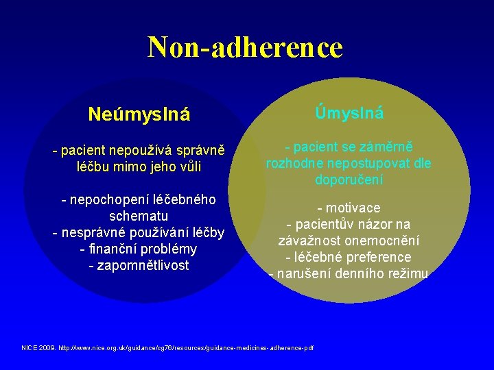 Non-adherence Neúmyslná Úmyslná - pacient nepoužívá správně léčbu mimo jeho vůli - pacient se