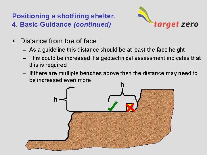 Positioning a shotfiring shelter. 4. Basic Guidance (continued) • Distance from toe of face