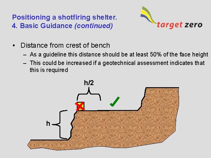 Positioning a shotfiring shelter. 4. Basic Guidance (continued) • Distance from crest of bench