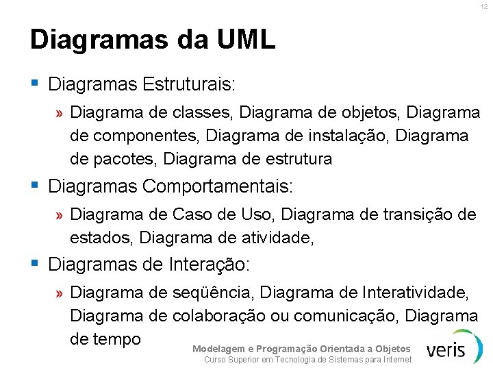 12 Diagramas da UML § Diagramas Estruturais: » Diagrama de classes, Diagrama de objetos,