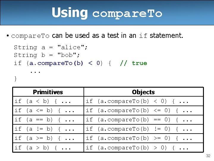 Using compare. To • compare. To can be used as a test in an
