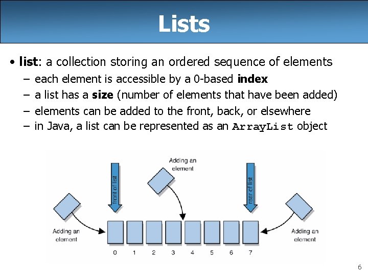 Lists • list: a collection storing an ordered sequence of elements – – each