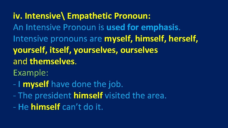 iv. Intensive Empathetic Pronoun: An Intensive Pronoun is used for emphasis. Intensive pronouns are