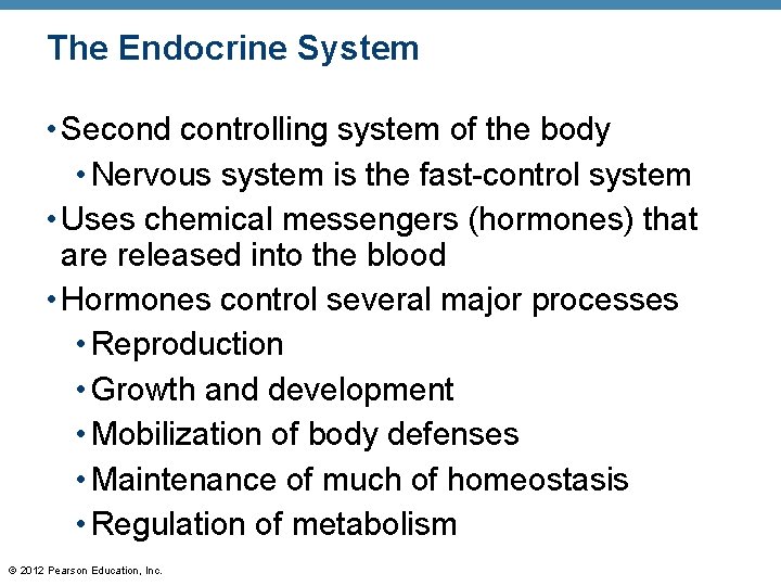 The Endocrine System • Second controlling system of the body • Nervous system is