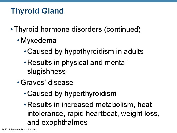 Thyroid Gland • Thyroid hormone disorders (continued) • Myxedema • Caused by hypothyroidism in