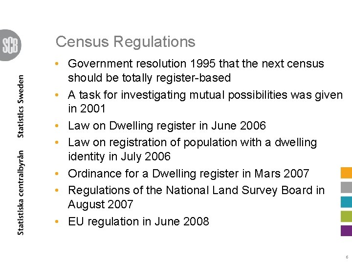 Census Regulations • Government resolution 1995 that the next census should be totally register-based