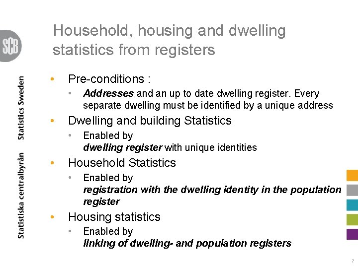 Household, housing and dwelling statistics from registers • Pre-conditions : • • Dwelling and