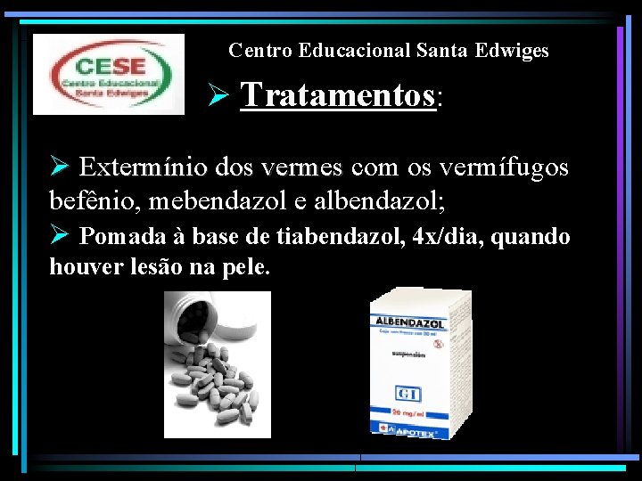 Centro Educacional Santa Edwiges Ø Tratamentos: Ø Extermínio dos vermes com os vermífugos Extermínio