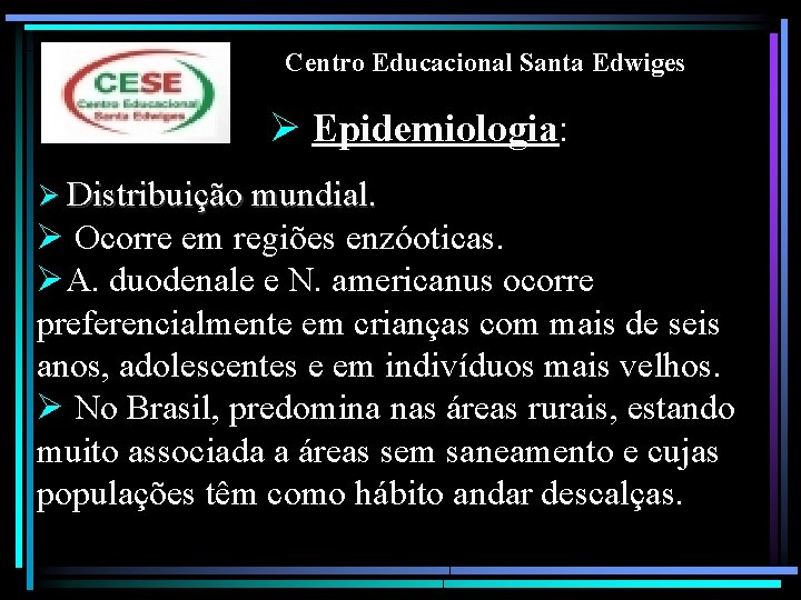 Centro Educacional Santa Edwiges Ø Epidemiologia: Ø Distribuição mundial. Ø Ocorre em regiões enzóoticas.