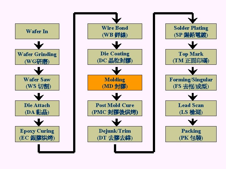 Wafer In Wire Bond (WB 銲線) Solder Plating (SP 錫鉛電鍍) Wafer Grinding (WG研磨) Die