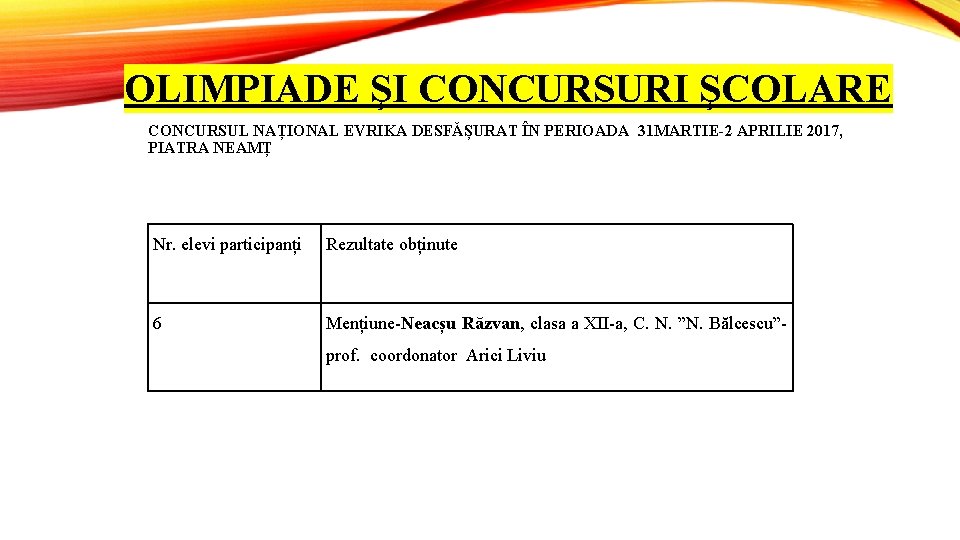 OLIMPIADE ŞI CONCURSURI ŞCOLARE CONCURSUL NAȚIONAL EVRIKA DESFĂȘURAT ÎN PERIOADA 31 MARTIE-2 APRILIE 2017,