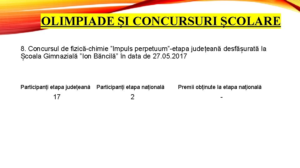 OLIMPIADE ŞI CONCURSURI ŞCOLARE 8. Concursul de fizică-chimie ”Impuls perpetuum”-etapa județeană desfășurată la Școala