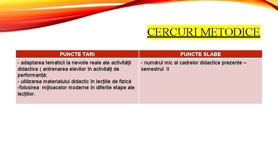 CERCURI METODICE PUNCTE TARI PUNCTE SLABE - adaptarea tematicii la nevoile reale activității -