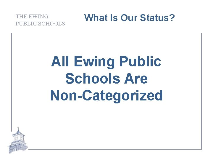THE EWING PUBLIC SCHOOLS What Is Our Status? All Ewing Public Schools Are Non-Categorized