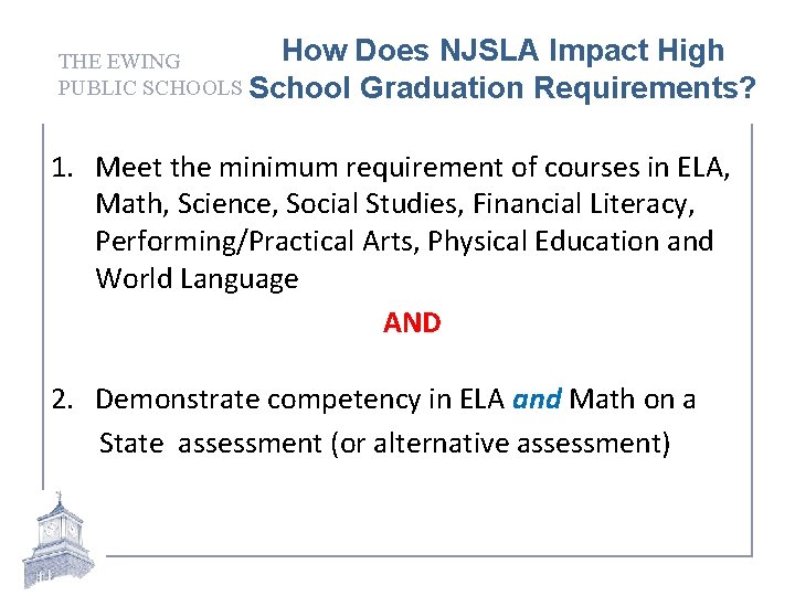 How Does NJSLA Impact High THE EWING PUBLIC SCHOOLS School Graduation Requirements? 1. Meet